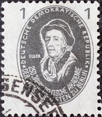 GERMANY, DDR - CIRCA 1950: a postage stamp from Germany, GDR showing a portrait of the mathematician Leonhard Euler. 250 years of the German Academy of Sciences in Berlin