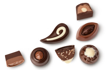 Chocolate candy isolated on white background with clipping path and full depth of field. Top view with copy space for your text. Flat lay