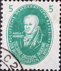 GERMANY, DDR - CIRCA 1950: a postage stamp from Germany, GDR showing a portrait of the naturalist Alexander von Humboldt. 250 years of the German Academy of Sciences in Berlin