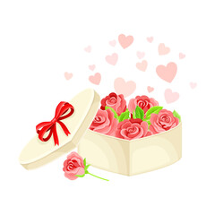 Open Heart Shaped Gift Box with Bow and Rose Flowers Inside as Valentine s Day Attribute Vector Composition