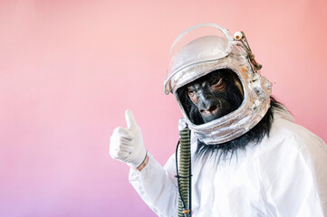 Man with gorilla mask and astronaut helmet showing thumbs