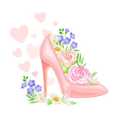 High Heeled Pink Shoe with Blooming Flowers Inside and Fluttering Hearts as International Women s Day Holiday Symbol Vector Composition