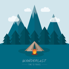 wanderlust camping adventure in the wilderness tent in snowy mountain vector illustration EPS10