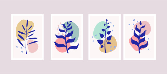 Fototapeta na wymiar Foliage line art drawing with abstract shape. Abstract plant design for print, wallpaper, and cover. Tropical flower. Set of cards Minimalistic and natural wall art. Vector illustration. 8 eps