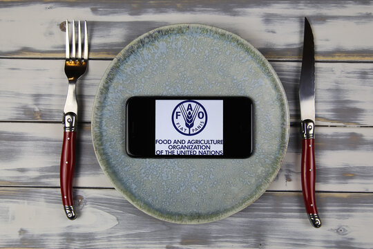 Viersen, Germany - February 9. 2021: Closeup of smartphone screen with logo lettering of FAO food and agriculture organziation on plate with cutlery