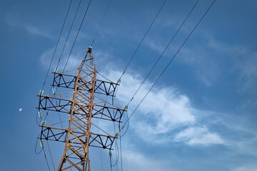 High voltage towers with sky background. High voltage electric pole with cloudy sky. Electric pole...