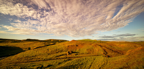 Panorama of a green landscape in Iceland