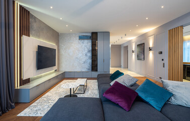 Living room in luxury flat. Interior with furniture and TV.