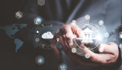 Businessman using smartphone to access with internet banking for payment , online shopping and digital technology business.