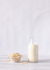 Vegetable oat milk in a glass bottle and oat flakes on a light background. Healthy drinks, vegetarianism. Side view. Vertical photo