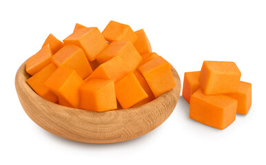butternut squash diced in wooden bowl isolated on white background with clipping path and full depth of field