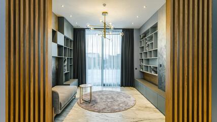 Grey and wooden interior of room in luxury private house.
