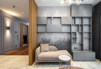 Luxury interior. Grey colors. Wooden design. Shelves. Cozy sofa.