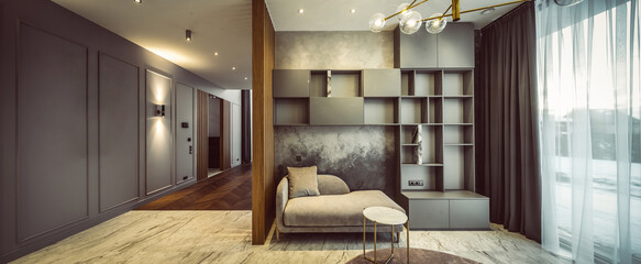 Fototapeta na wymiar Luxury interior. Grey colors. Wooden design. Shelves. Cozy sofa.