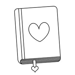 Diary for love notes. Bookmark among sheets. Sketch. Heart on the cover. Closed. Doodle style. A personal notepad for cute thoughts. Hardcover notebook. Love book. Outline on an isolated background.