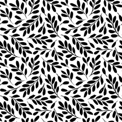 Leaves and branches vector seamless pattern. Black brush leaves and twigs. Olive branch modern ornament. Black ink texture with foliage. Hand drawn eucalyptus, laurel twig. Abstract plant motif