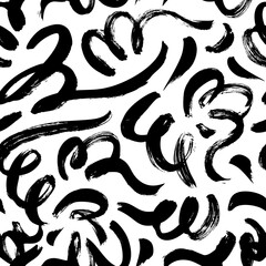Wavy and swirled brush strokes vector seamless pattern. Black paint freehand scribbles, abstract ink background. Brushstrokes, smears, lines, squiggle pattern. Abstract wallpaper design, textile print