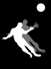 painting abstraction, silhouette of 2 people on a black background, the moon. Battle with a shadow