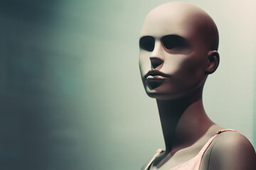 Portrait of mannequin. Woman face in store window. Isolated bald dummy. Shopping, beauty or feminine concept. Copy space for your text