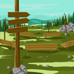 Viewing point in the hills. Colorful vector illustration with copy space on the signpost