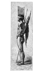 African Saan or San warrior with spear and bow ready to battle. Culture and history of Africa. Vintage antique illustration. 19th century.