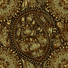 Vintage floral motif ethnic seamless background. Abstract lace pattern. Gold gradient elements. EPS10 vector texture.