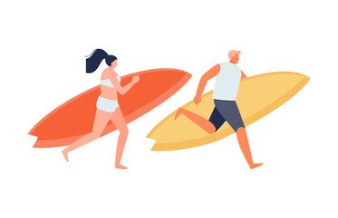 Running girl and guy surfers vector illustration