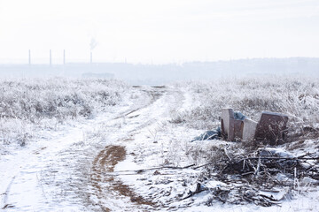 .Landscape about pollution by people of nature with household waste and air factories