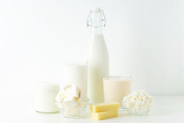 Different milk products: milk, cheese and yoghurt