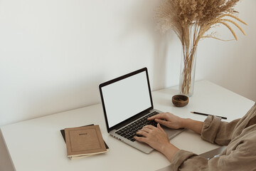 Working at home concept. Girl working on laptop. Aesthetic minimalist workspace background. Blank...