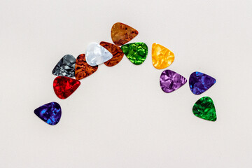 Overhead view of of guitar picks. Music background