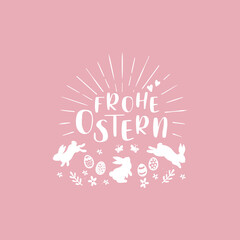 Lovely hand drawn easter design with text in german "Happy Easter" cute hand drawn bunnies, eggs and decoration - vector design