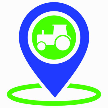 Tractor location icon. Road works. Farm illustration. Logo sale of spare parts and tractors. Vector graphics.