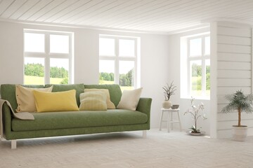 White living room with sofa and summer landscape in window. Scandinavian interior design. 3D illustration