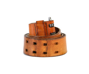 twisted brown leather vintage belt with metal buckle isolated on white background