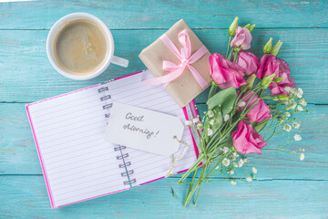 Coffee with flowers and notes good morning
