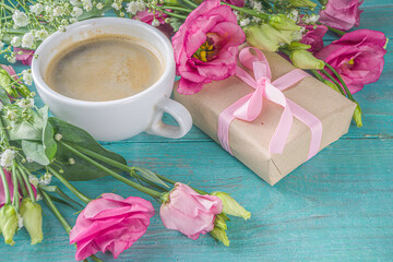 Beautiful spring flowers with gifts