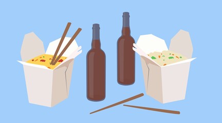 Chinese Food Take Away, with Beer. Vector Isolated Illustration