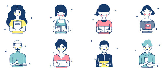 Fototapeta premium Male and female portraits bundle are learning. Hand drawn doodle flat vector illustration design set. Smiling cartoon characters collection. Diverse people avatars. Relaxing color concept 