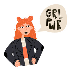 E-girl, glam rock style looking woman in leather jacket says Girl power. Feminism, independence, equal concept. Vector isolated illustration.