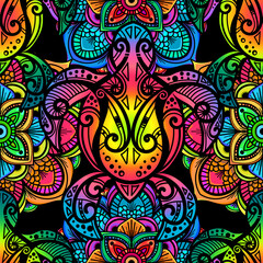 Sea turtle in psychedelic multicolor colors with lotuses and mandala in the style of boho - seamless pattern