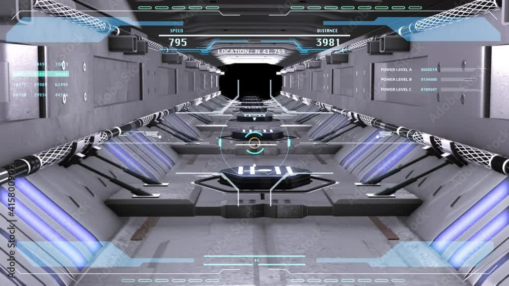 Poster hud futuristic aerial flight through cyberspace complex spaceship tunnel.