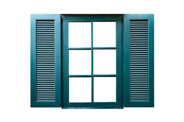 Old wooden window frame painted green vintage isolated on a white background