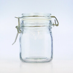 Round Glass Nostalgic Mason Jar with Clamp Lid, transparent, sparkly and brilliant, for food, liquids, sauces, grain, condiments, seeds, preserves and candys, also for decoration