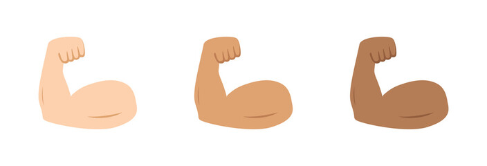 Arm muscle. Emoji of strong bicep. Emoticon of strength in hand. Icon of power of protein for man. Flex muscle of arm. Exercise in gym for health. Logo of fitness, workout, bodybuilder, sport. Vector