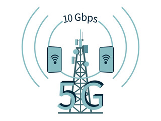 5G network concept, cell tower and mobile phones,  radio waves with baud rate indication, icon, vector illustration.