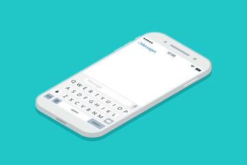 Fototapeta premium Isometric phone with chat. 3d app of message in smartphone. Isometric icon of messenger in mobile phone. Sms, talk and social media in cellphone. Online communication. Mockup of device. Vector