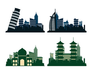 Naklejka premium bundle of four cities skylines silhouettes scenes