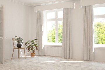 White empty room with summer landscape in window. Scandinavian interior design. 3D illustration