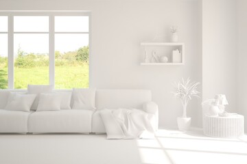 Mock up of stylish room in white color with sofa and green landscape in window. Scandinavian interior design. 3D illustration